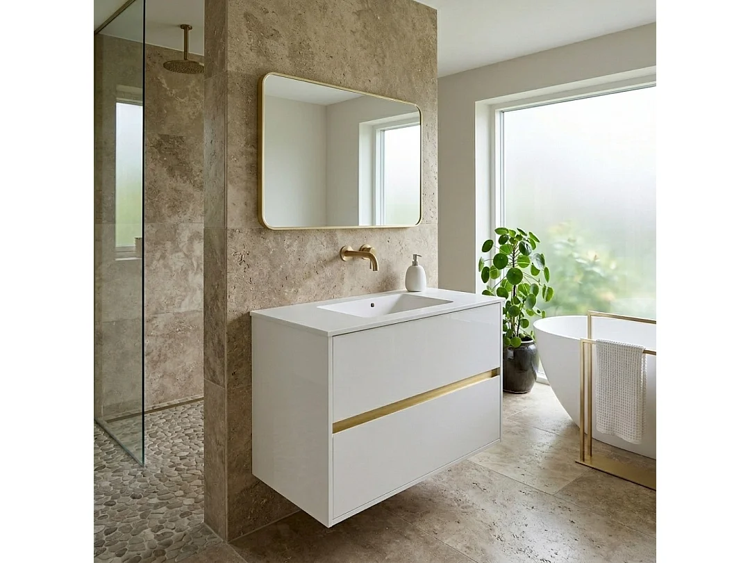 Musea meuble avec simple lavabo blanc et or brossé - Essebagno