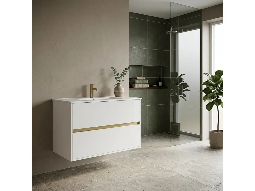 Musea meuble avec simple lavabo blanc et or brossé - Essebagno