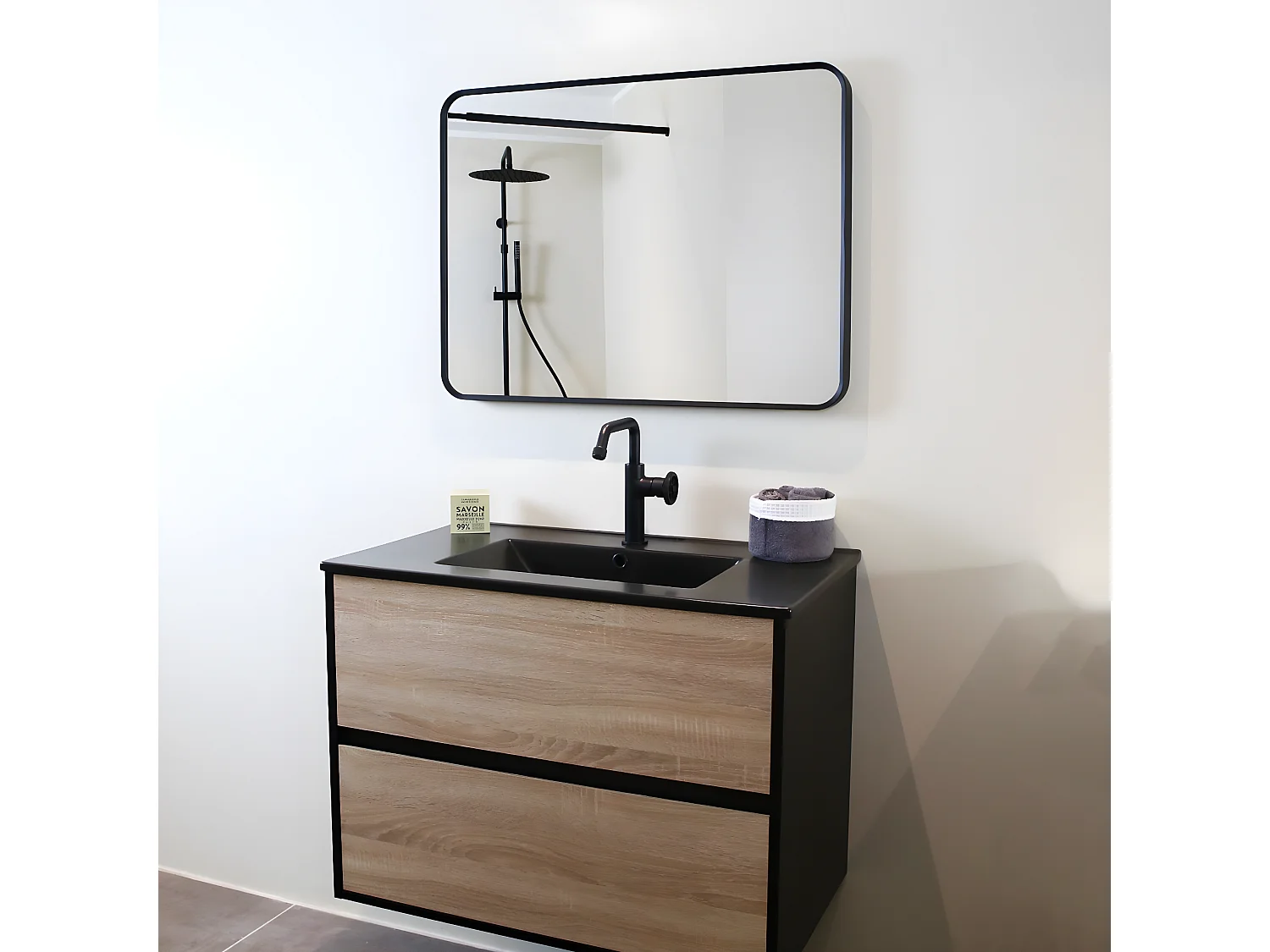 Indus meuble avec simple lavabo effet chêne et noir mat - Essebagno