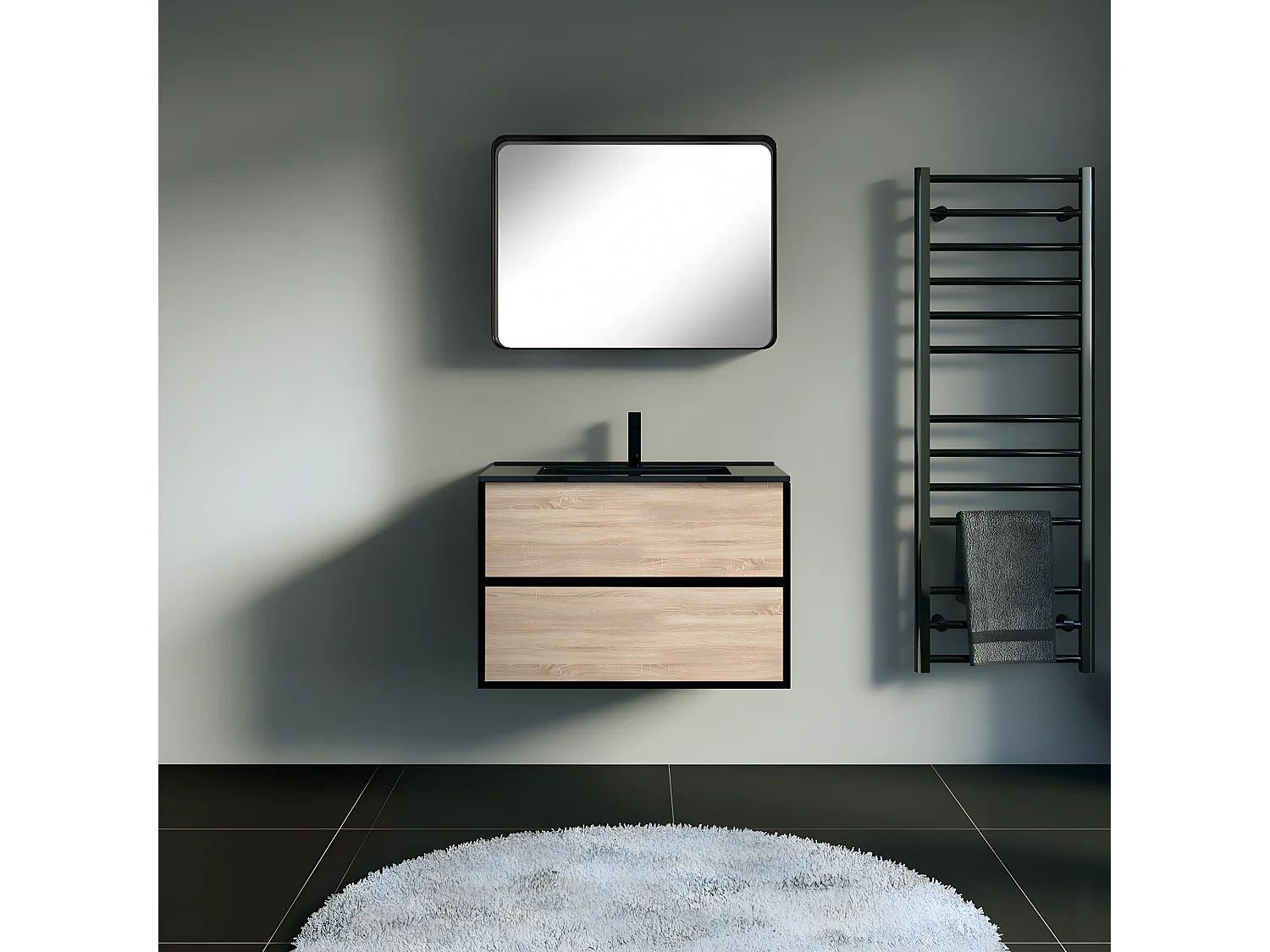 Indus meuble avec simple lavabo effet chêne et noir mat - Essebagno