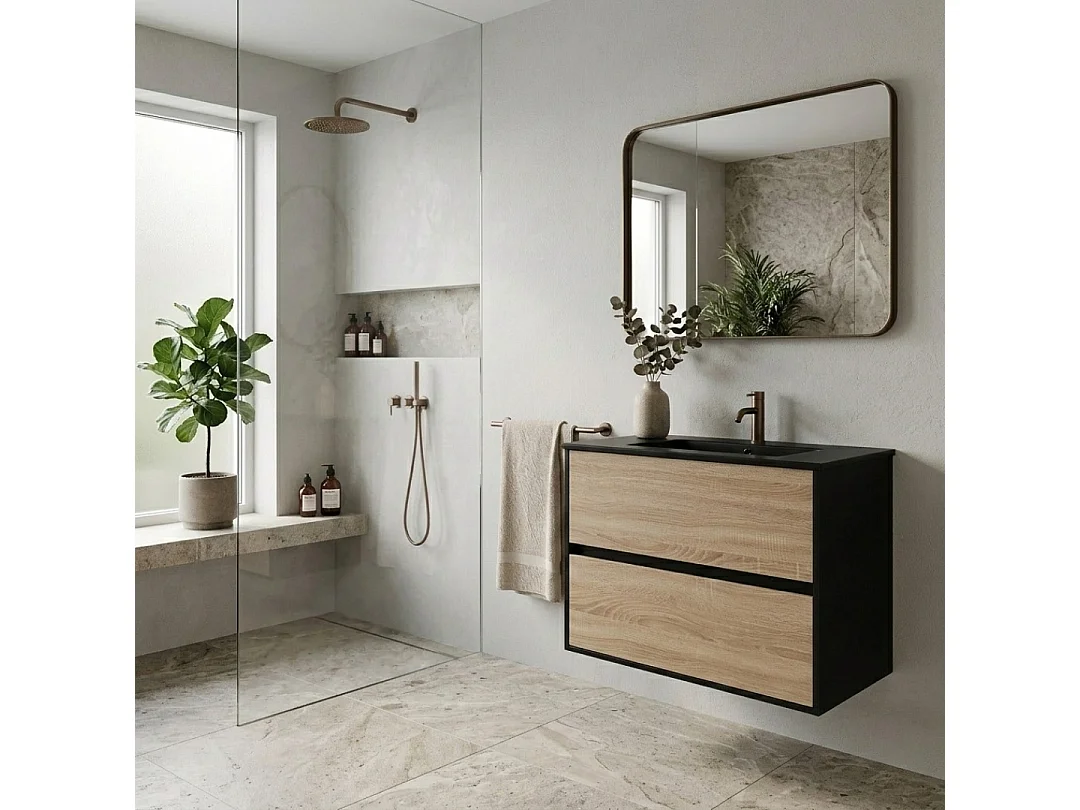 Indus meuble avec simple lavabo effet chêne et noir mat - Essebagno