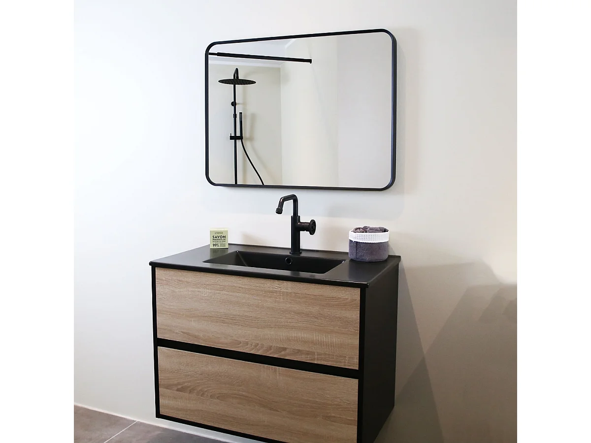 Indus meuble avec simple lavabo effet chêne et noir mat - Essebagno