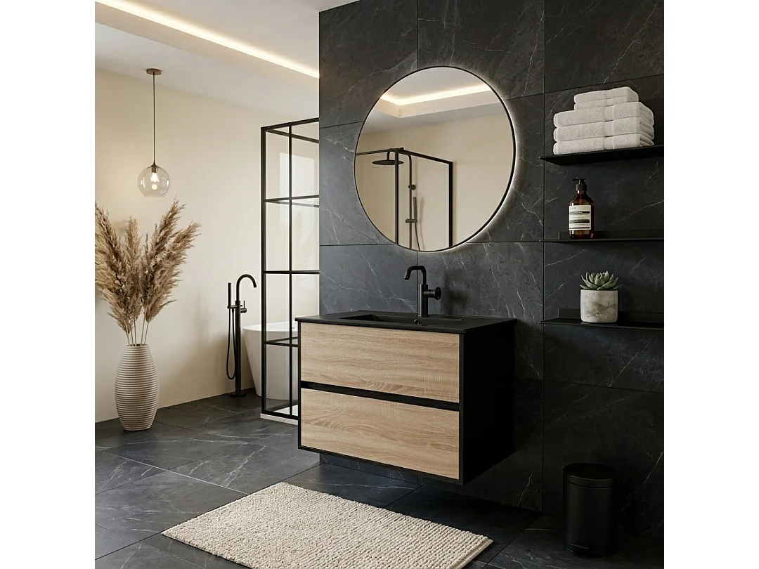Indus meuble avec simple lavabo effet chêne et noir mat - Essebagno
