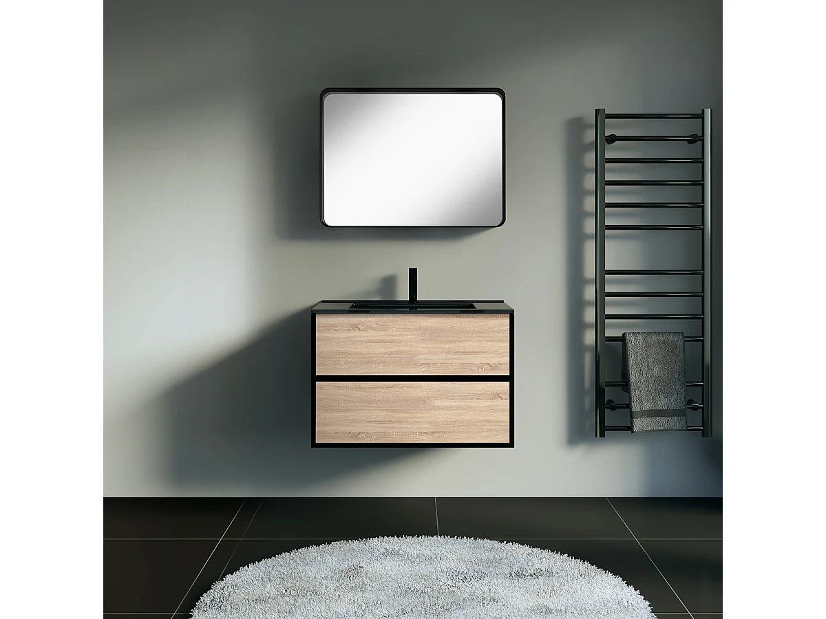Indus meuble avec simple lavabo effet chêne et noir mat - Essebagno