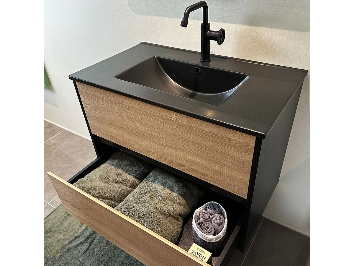 Indus meuble avec simple lavabo effet chêne et noir mat - Essebagno
