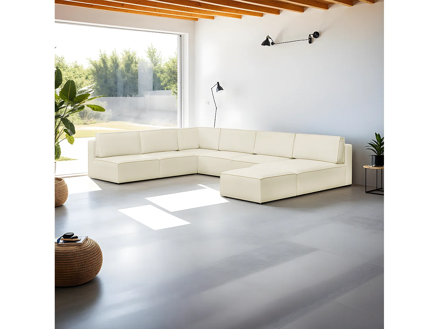 Canapé d'angle à gauche panoramique modulable convertible 10 places avec pouf en tissu bouclé écru - Harper Mod