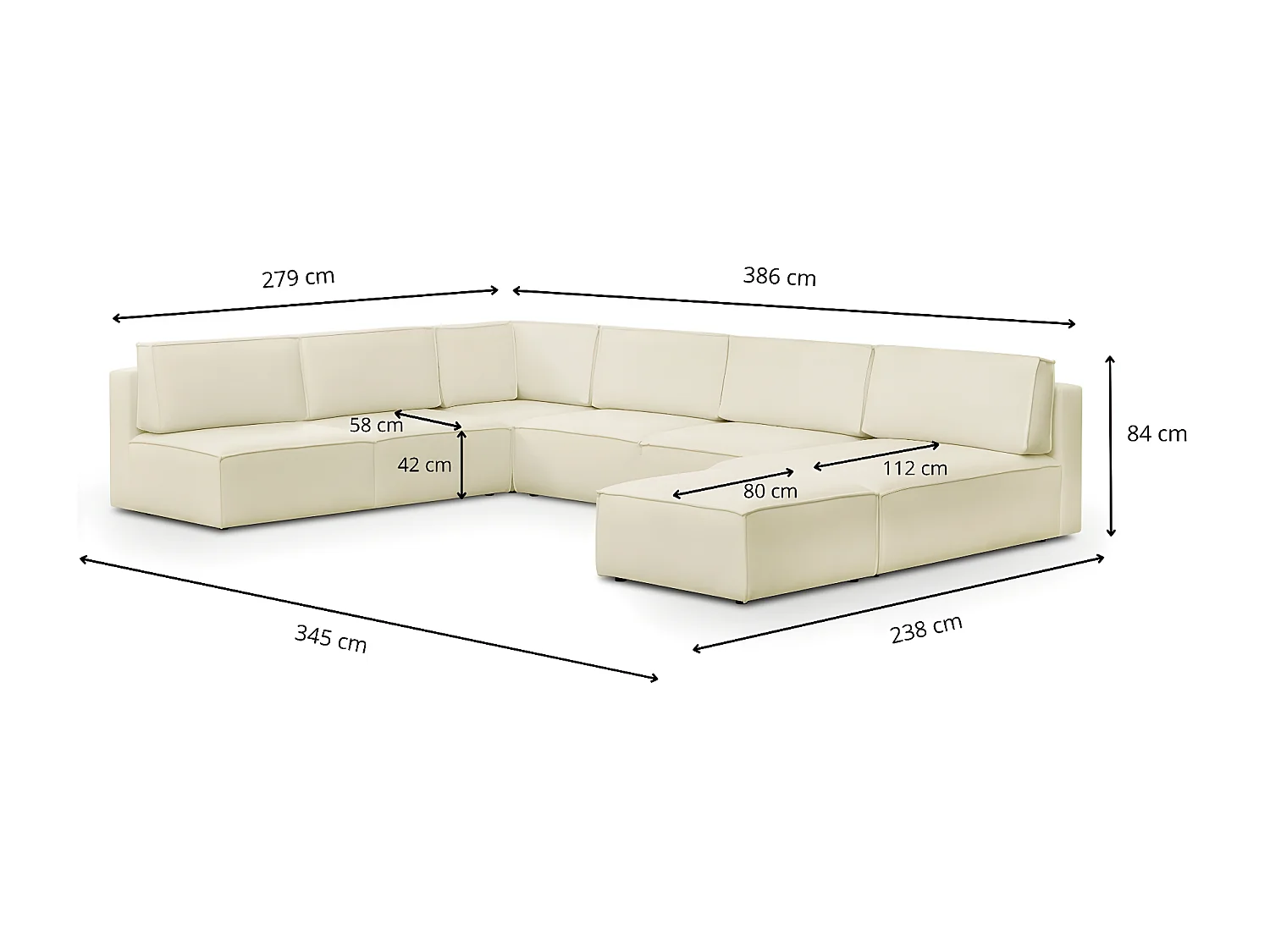 Canapé d'angle à gauche panoramique modulable convertible 10 places avec pouf en tissu bouclé écru - Harper Mod