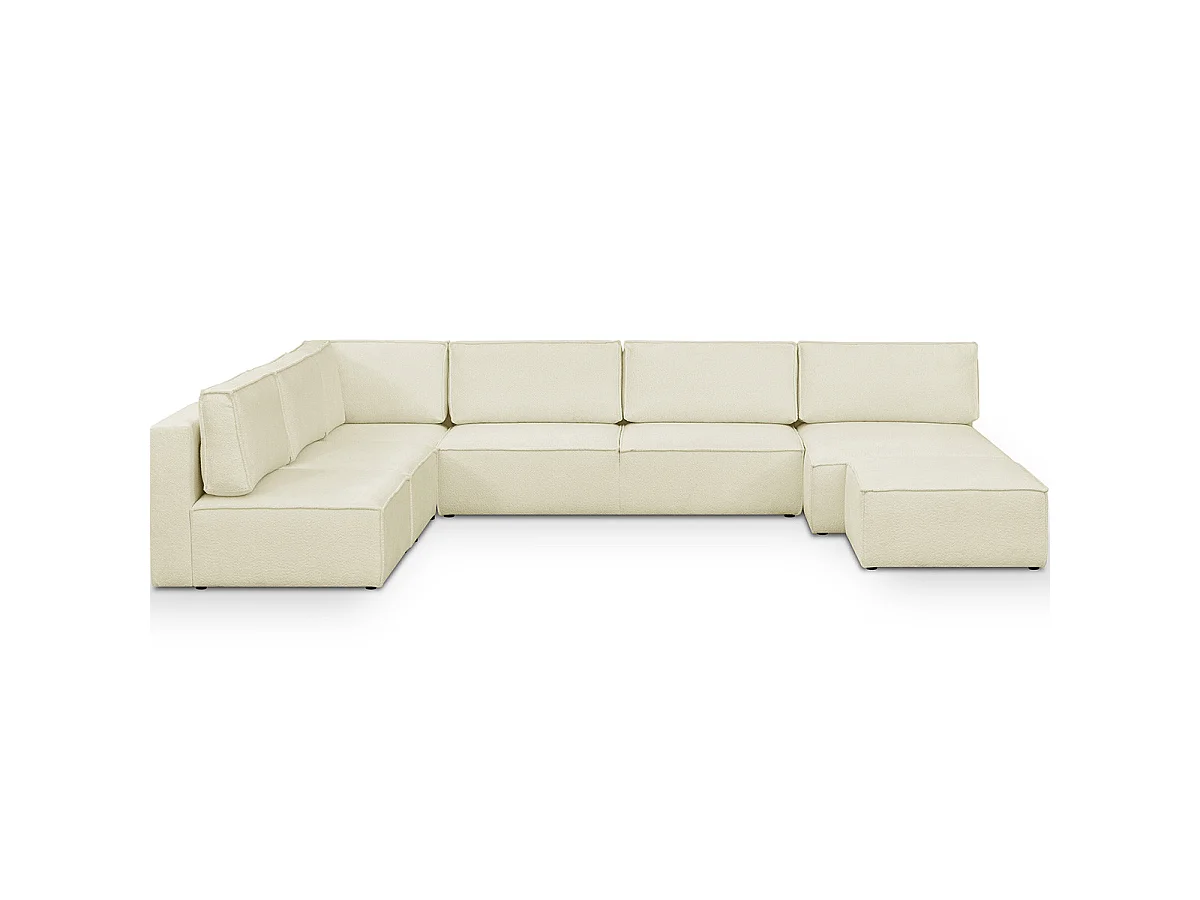 Canapé d'angle à gauche panoramique modulable convertible 10 places avec pouf en tissu bouclé écru - Harper Mod