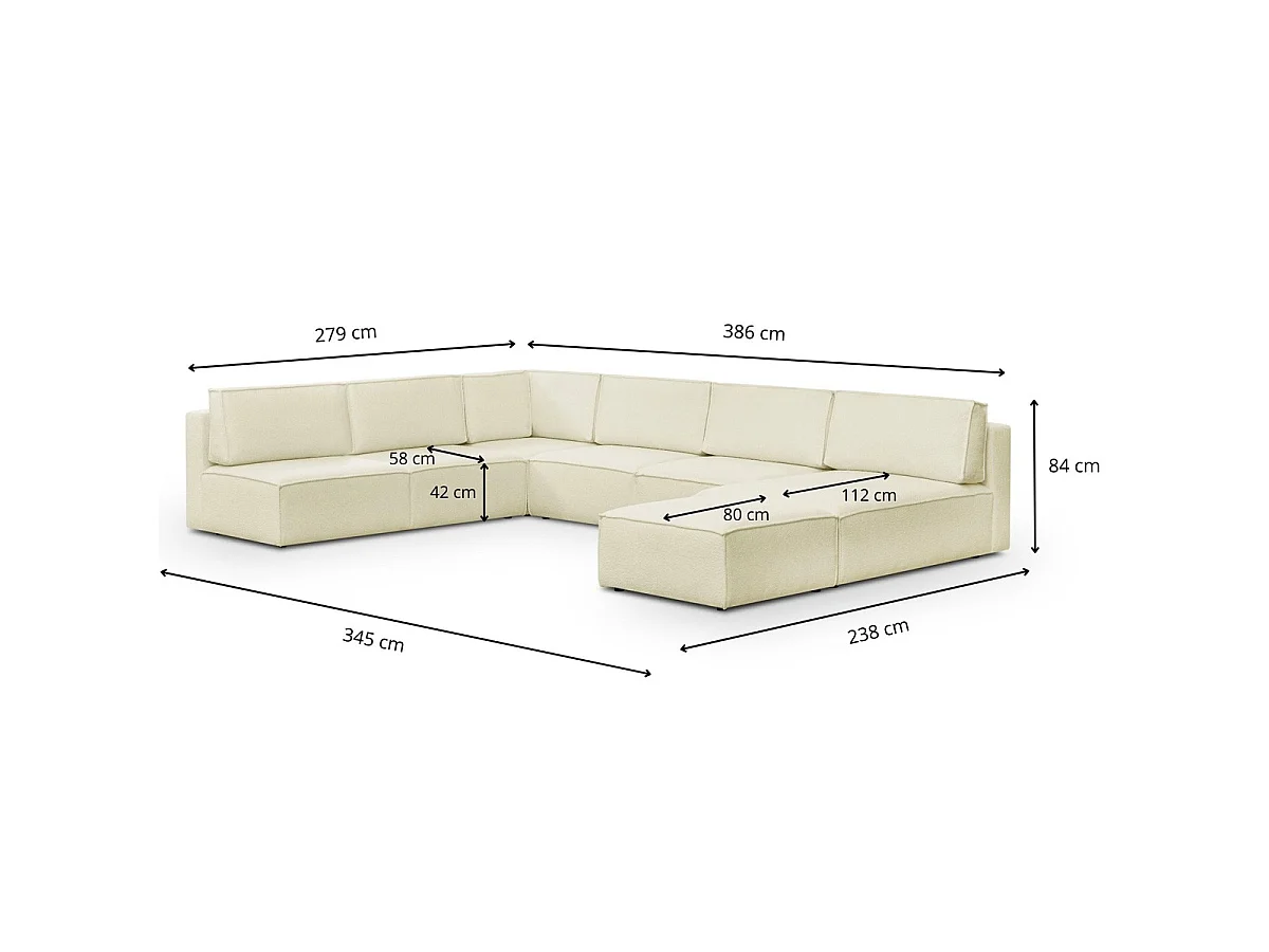 Canapé d'angle à gauche panoramique modulable convertible 10 places avec pouf en tissu bouclé écru - Harper Mod
