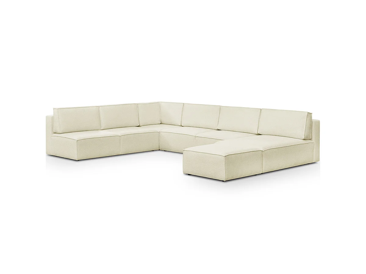 Canapé d'angle à gauche panoramique modulable convertible 10 places avec pouf en tissu bouclé écru - Harper Mod