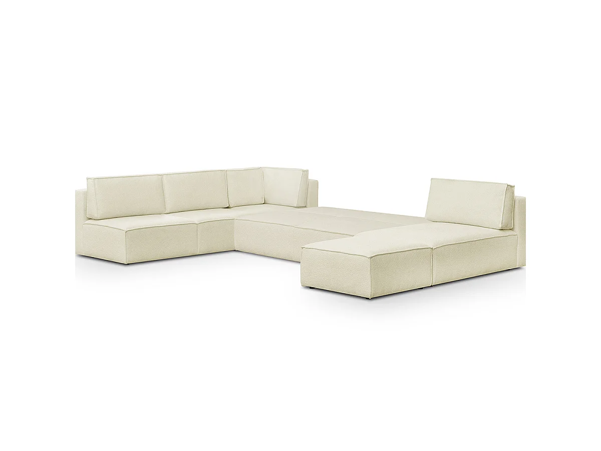 Canapé d'angle à gauche panoramique modulable convertible 10 places avec pouf en tissu bouclé écru - Harper Mod