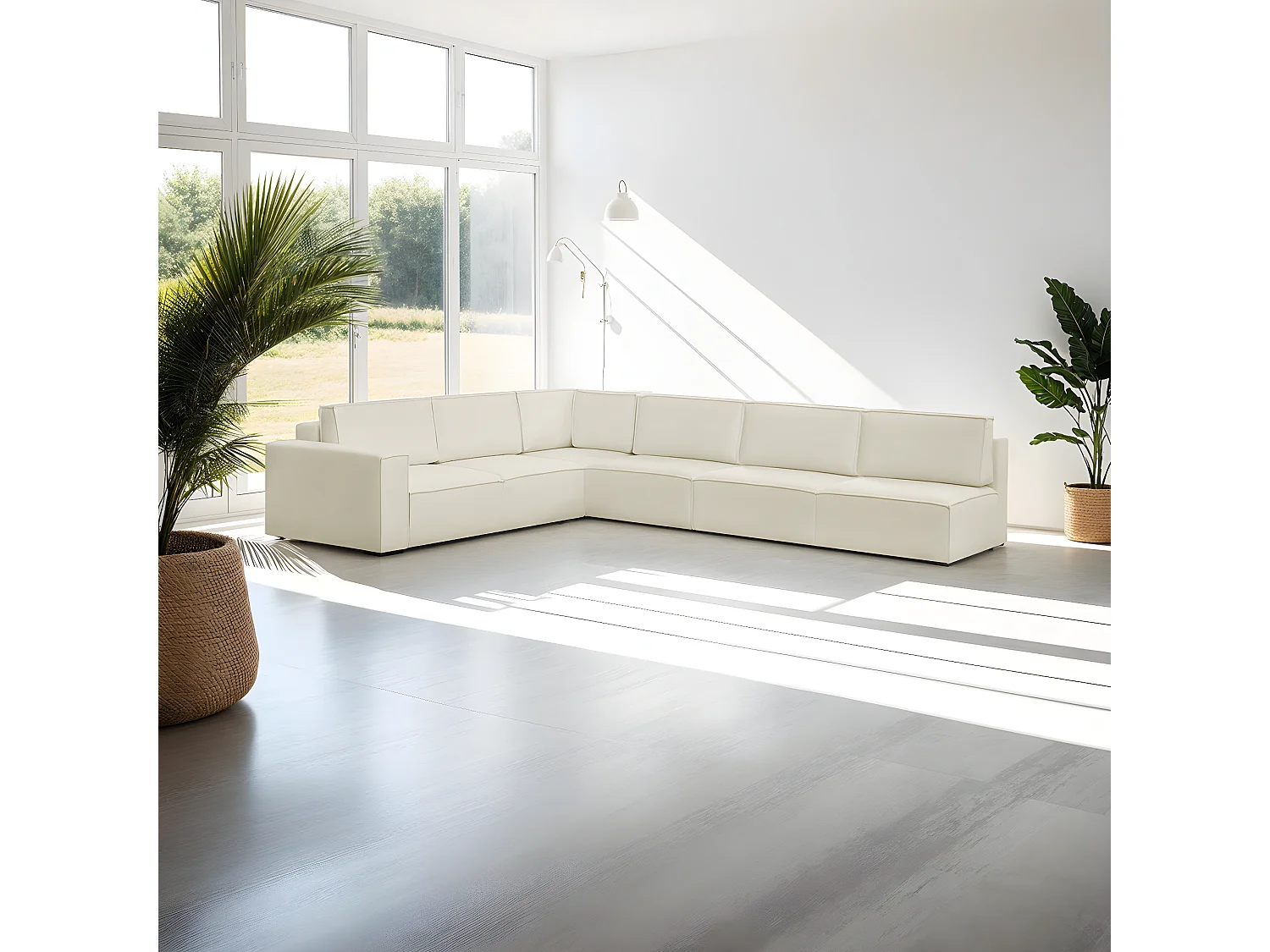 Canapé d'angle à droite convertible modulable 10 places avec coffre de rangement en tissu bouclé écru - Harper Mod