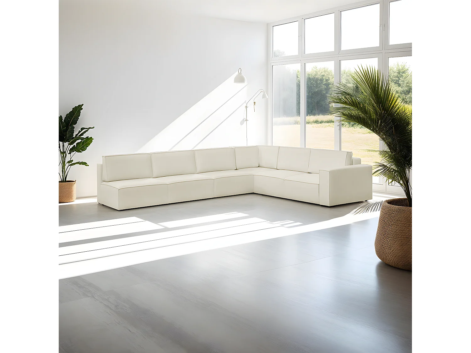 Canapé d'angle à gauche convertible modulable 10 places avec coffre de rangement en tissu bouclé écru - Harper Mod