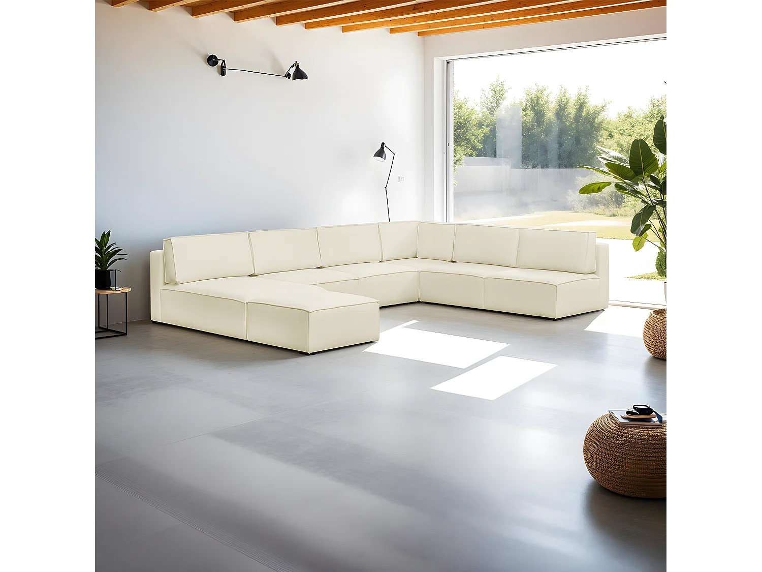 Canapé d'angle à droite panoramique modulable convertible 10 places avec pouf en tissu bouclé écru - Harper Mod