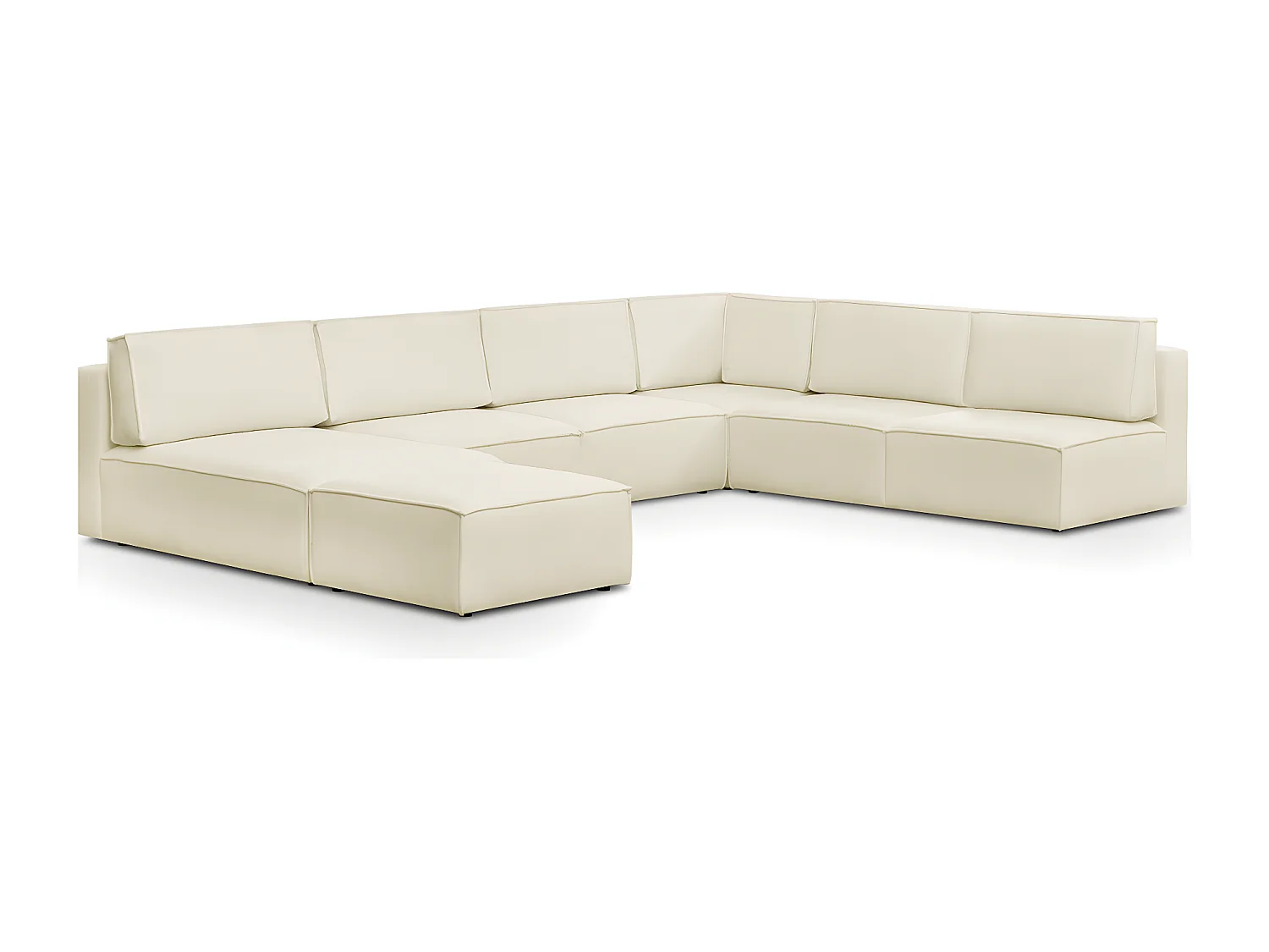 Canapé d'angle à droite panoramique modulable convertible 10 places avec pouf en tissu bouclé écru - Harper Mod