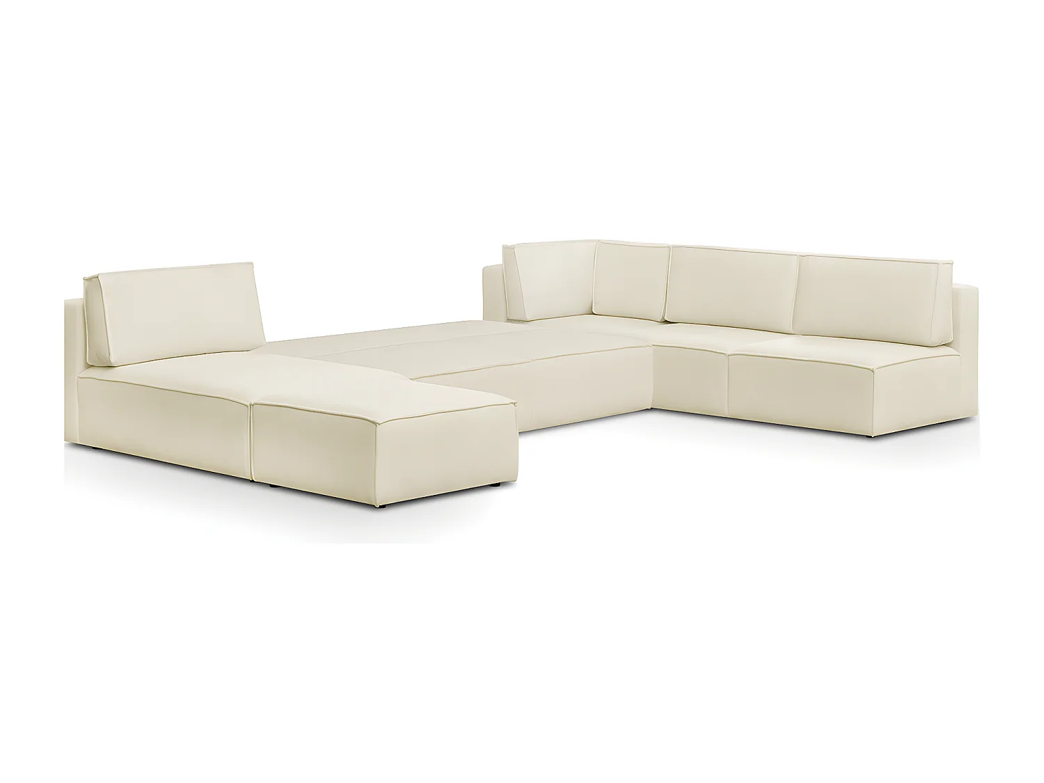 Canapé d'angle à droite panoramique modulable convertible 10 places avec pouf en tissu bouclé écru - Harper Mod