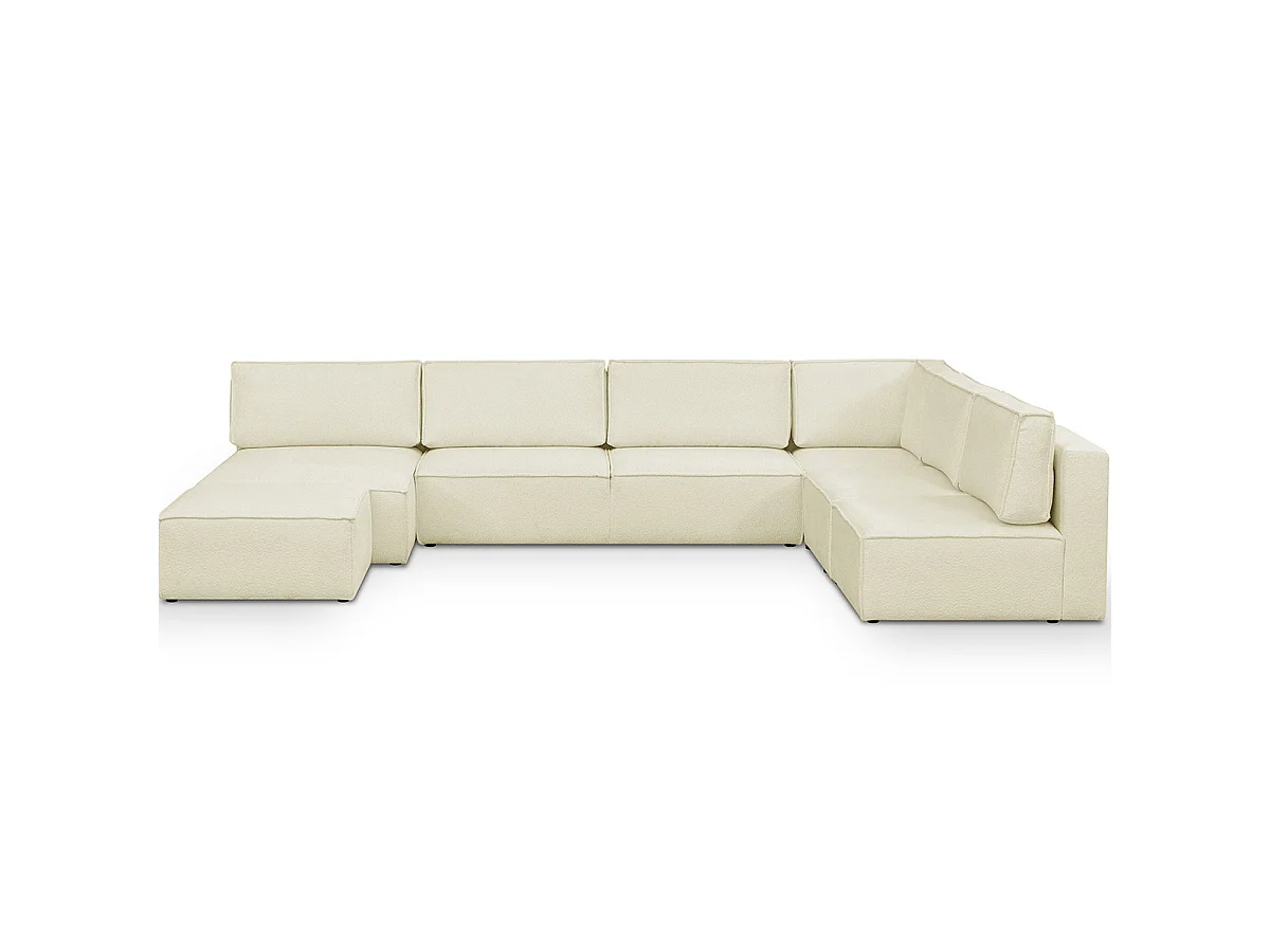 Canapé d'angle à droite panoramique modulable convertible 10 places avec pouf en tissu bouclé écru - Harper Mod