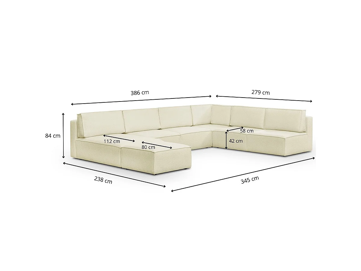 Canapé d'angle à droite panoramique modulable convertible 10 places avec pouf en tissu bouclé écru - Harper Mod