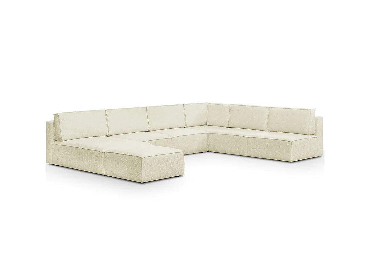 Canapé d'angle à droite panoramique modulable convertible 10 places avec pouf en tissu bouclé écru - Harper Mod