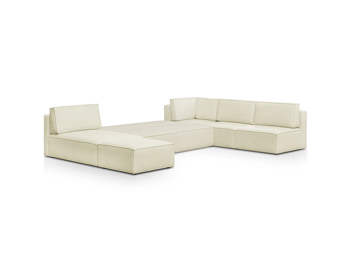 Canapé d'angle à droite panoramique modulable convertible 10 places avec pouf en tissu bouclé écru - Harper Mod