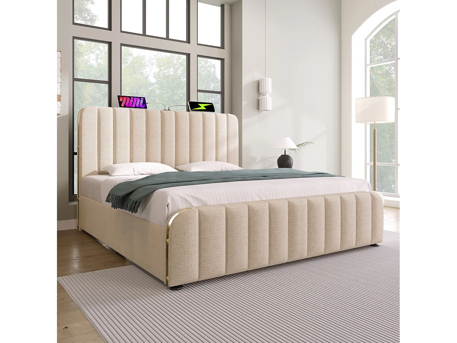Lit pour adulte, capitonné 160*200 cm, avec bordure dorée et recharge USB Type-C, en lin beige, avec 4 tiroirs.