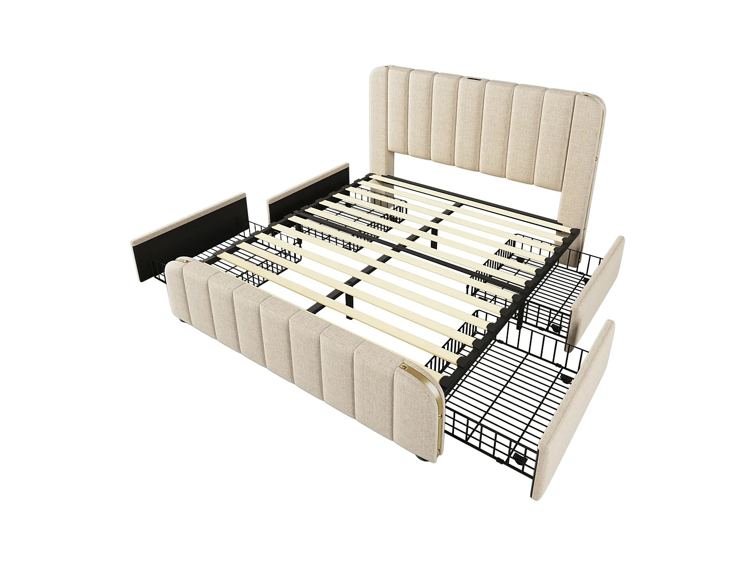 Lit pour adulte, capitonné 160*200 cm, avec bordure dorée et recharge USB Type-C, en lin beige, avec 4 tiroirs.