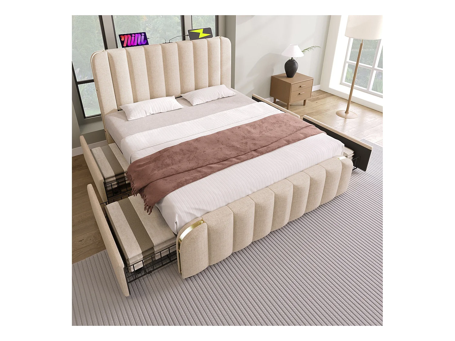 Lit pour adulte, capitonné 160*200 cm, avec bordure dorée et recharge USB Type-C, en lin beige, avec 4 tiroirs.