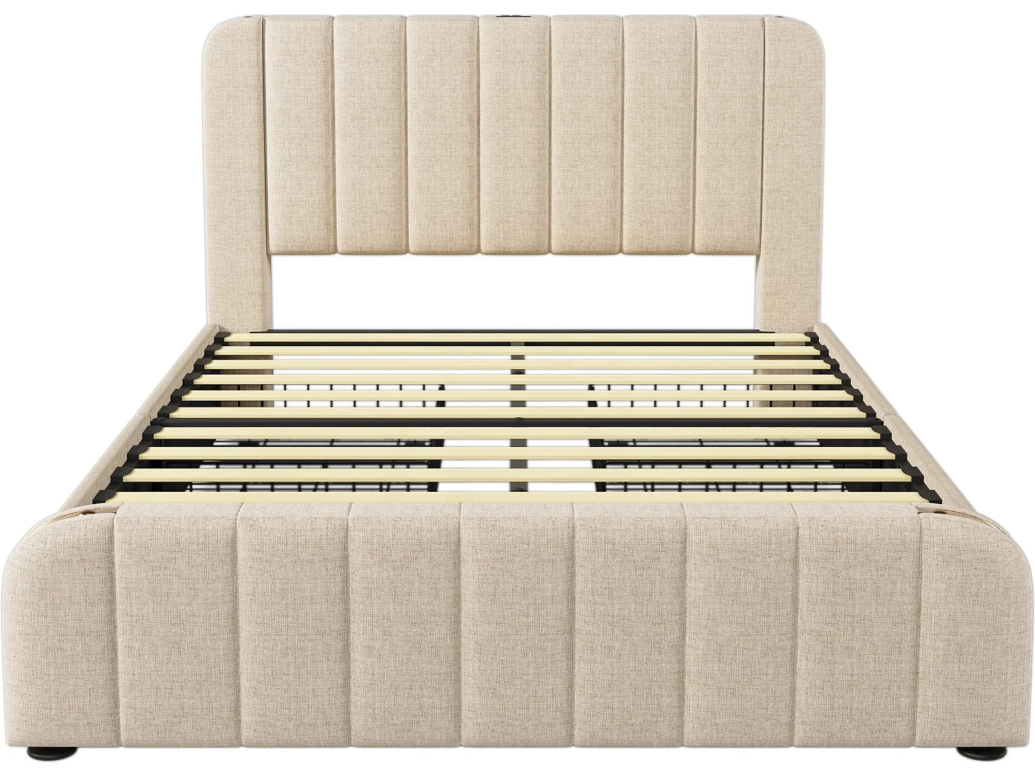 Lit pour adulte, capitonné 160*200 cm, avec bordure dorée et recharge USB Type-C, en lin beige, avec 4 tiroirs.