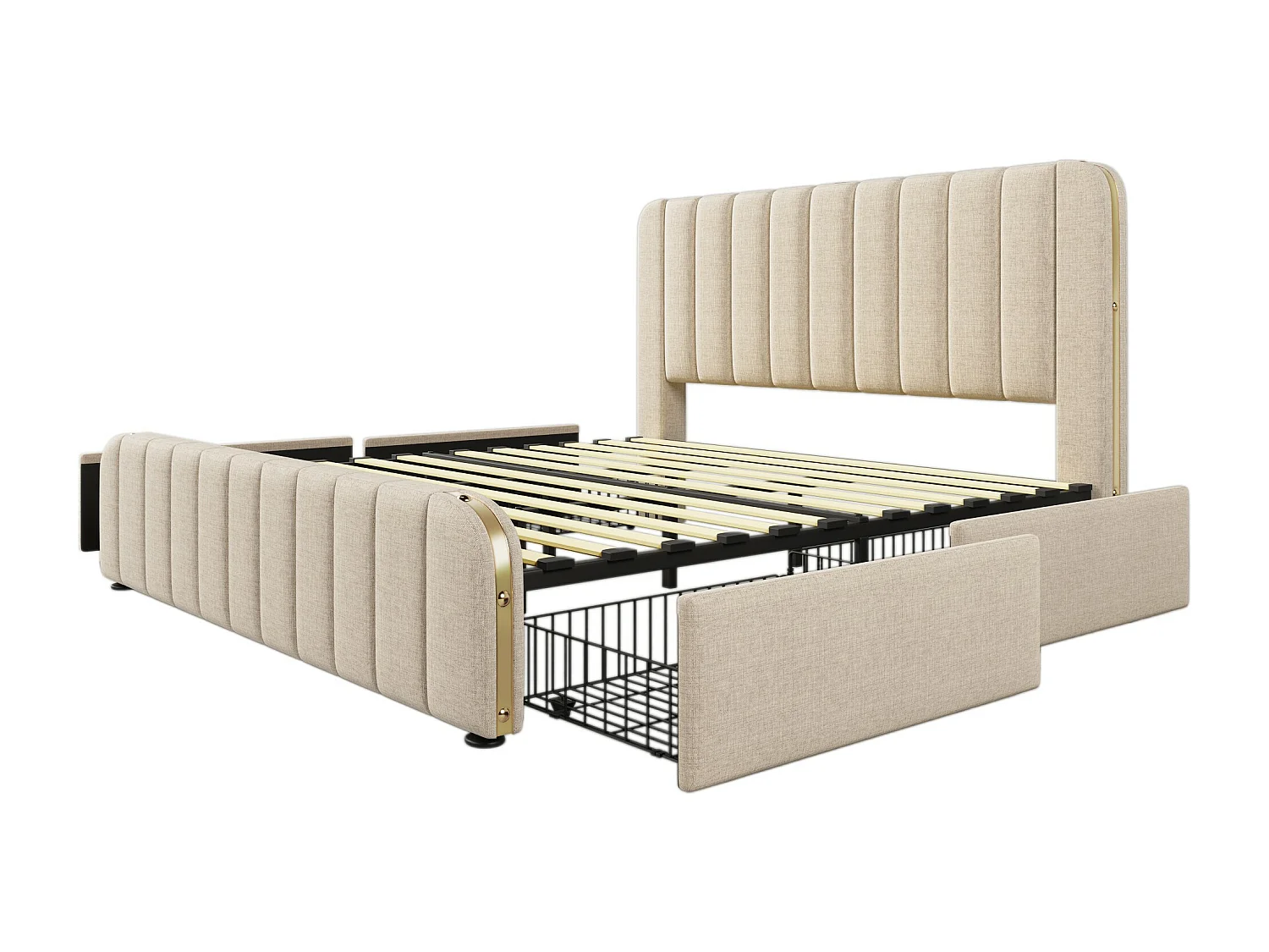 Lit pour adulte, capitonné 180*200 cm, avec bordure dorée et recharge USB Type-C, en lin beige, avec 4 tiroirs.