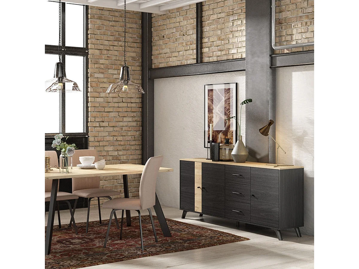 Table à manger rectangulaire effet bois et noir 6 personnes 160 cm - Zack