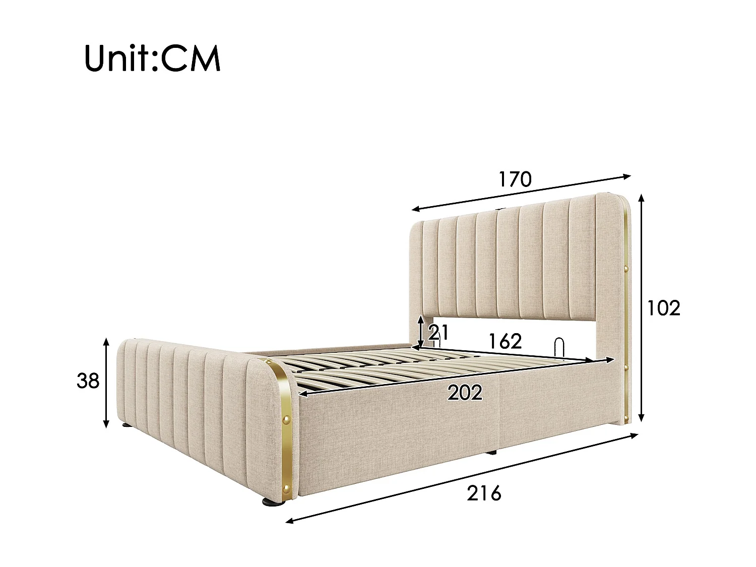 Erwachsenenbett, Doppelbett 160*200 cm, mit vergoldeter Polsterung und USB-Typ-C-Ladeeinheit, beigefarbener Leinenstoff, hydraulisches Stauraumbett.