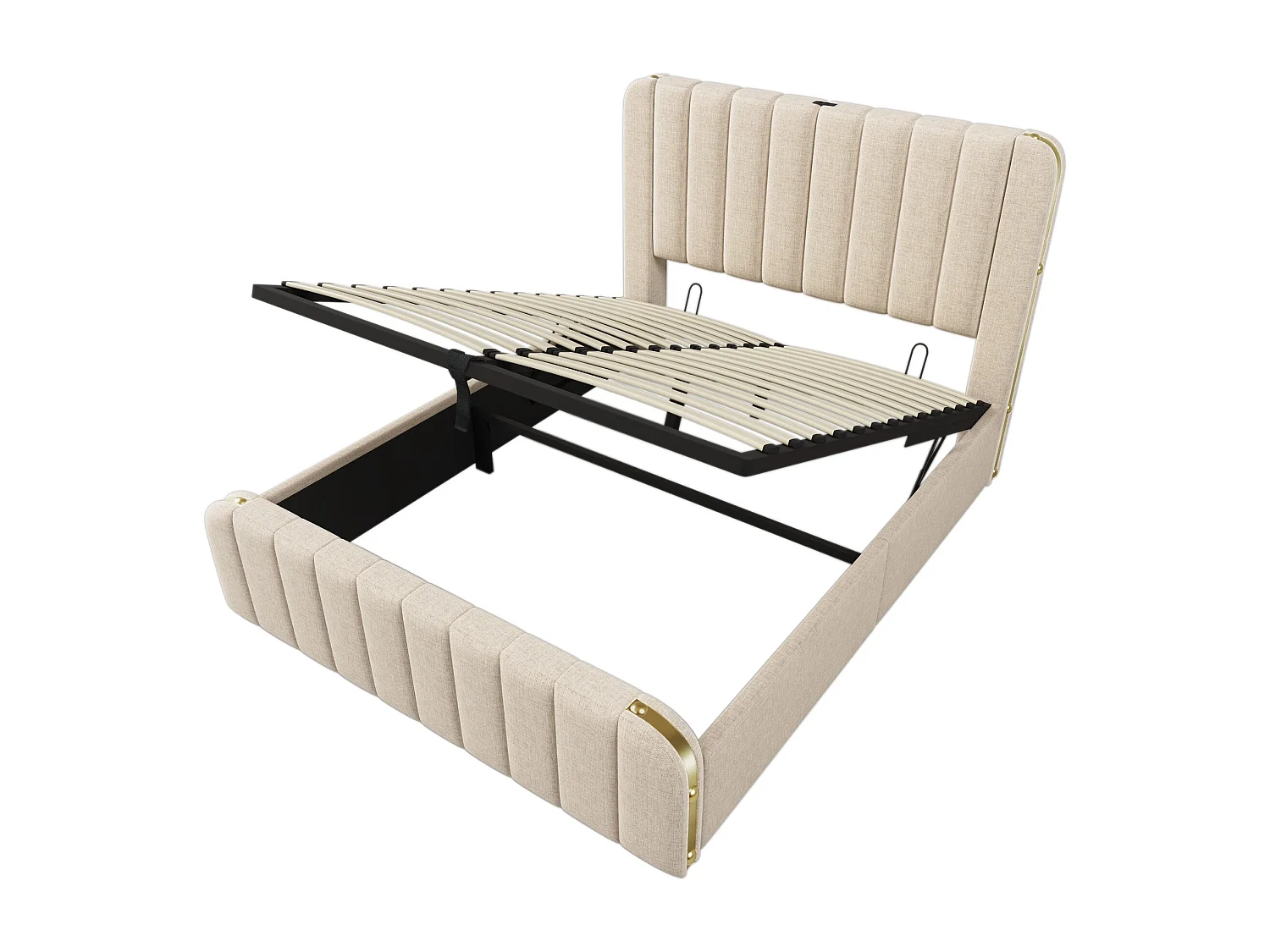 Erwachsenenbett, gepolstertes Doppelbett 140*200 cm, mit vergoldeter Garnitur und USB Type-C-Ladefunktion, beiger Leinenstoff, hydraulisches Stauraumbett.