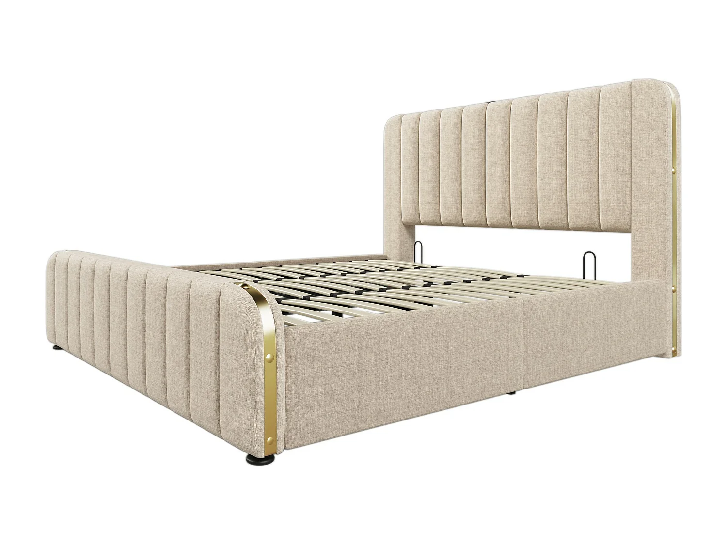 Lit adulte, lit rembourré 180*200 cm, avec garniture dorée et recharge USB Type-C, tissu en lin beige.