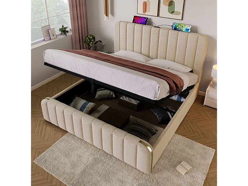 Lit adulte, lit rembourré 180*200 cm, avec garniture dorée et recharge USB Type-C, tissu en lin beige.