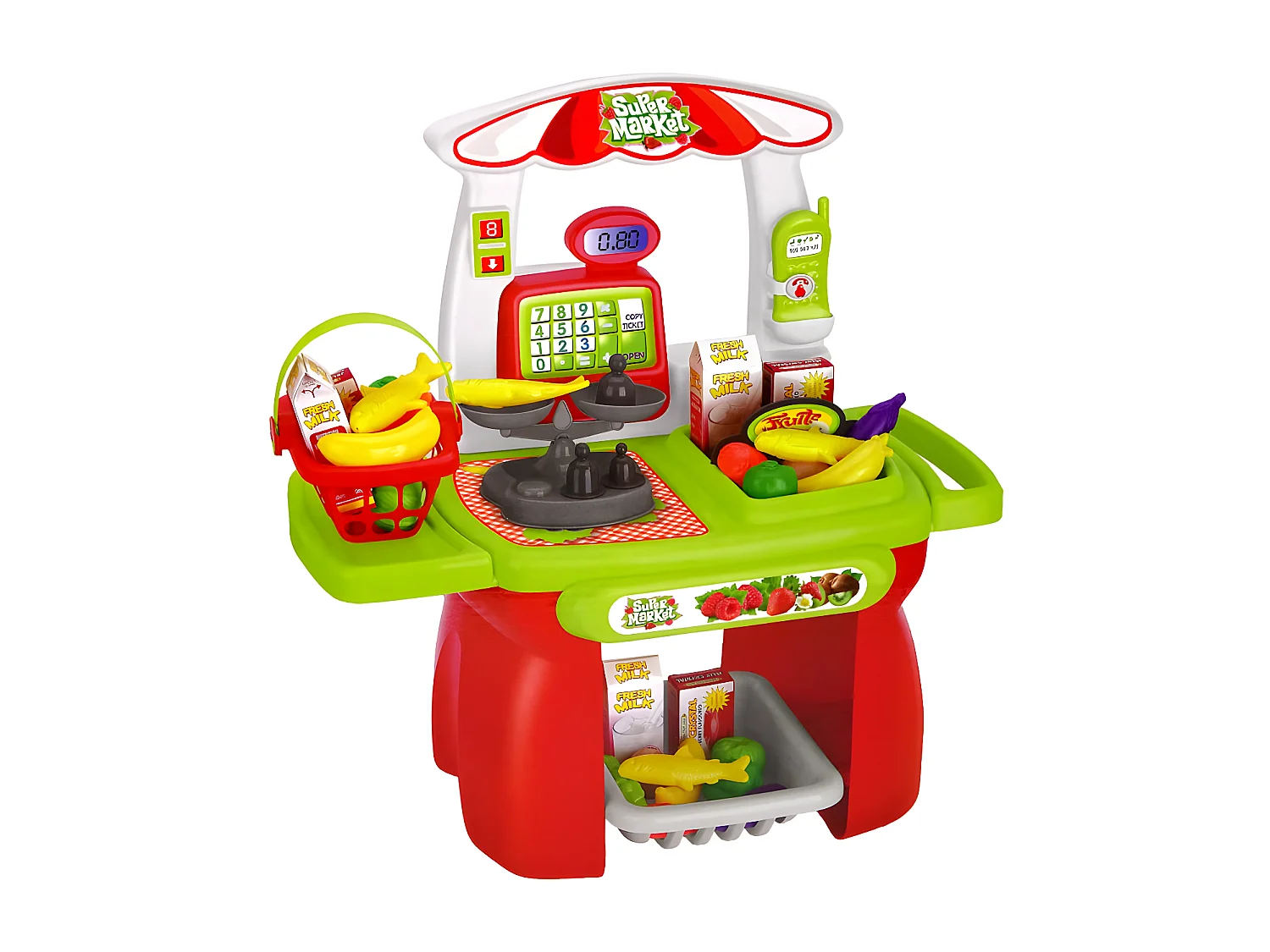 Kinder supermarkt set met ladder, mandje, kassa en kleurrijke plastic groenten