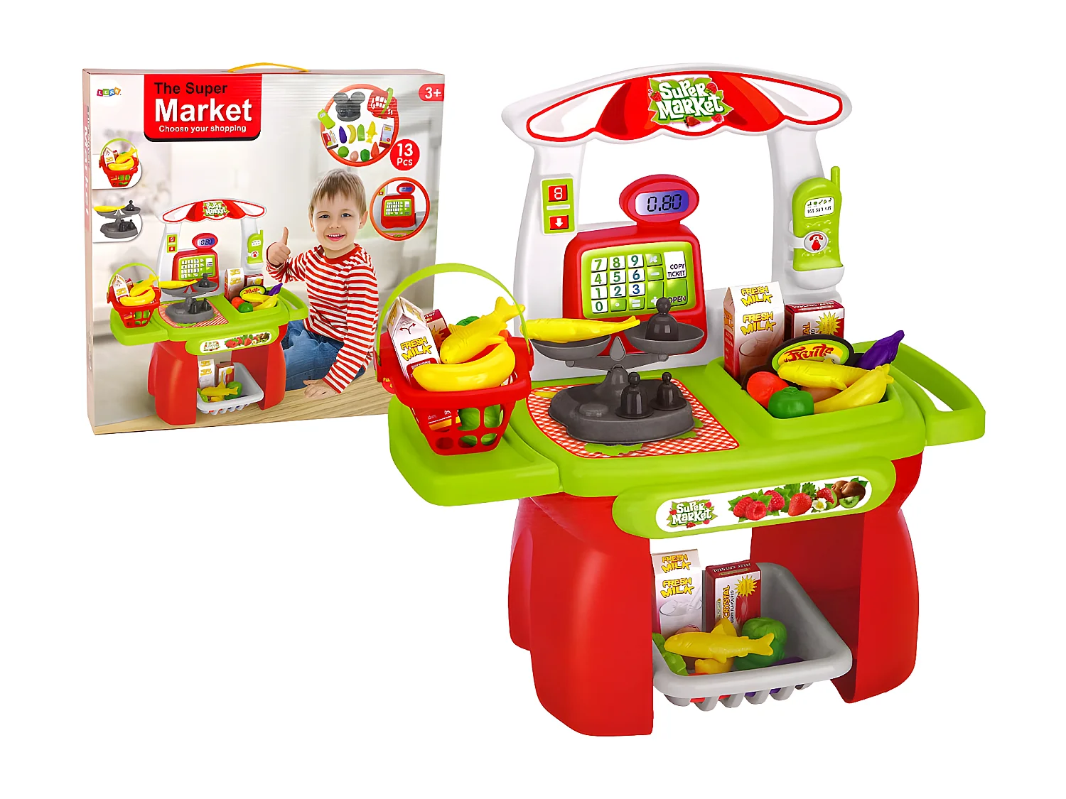 Kinder supermarkt set met ladder, mandje, kassa en kleurrijke plastic groenten