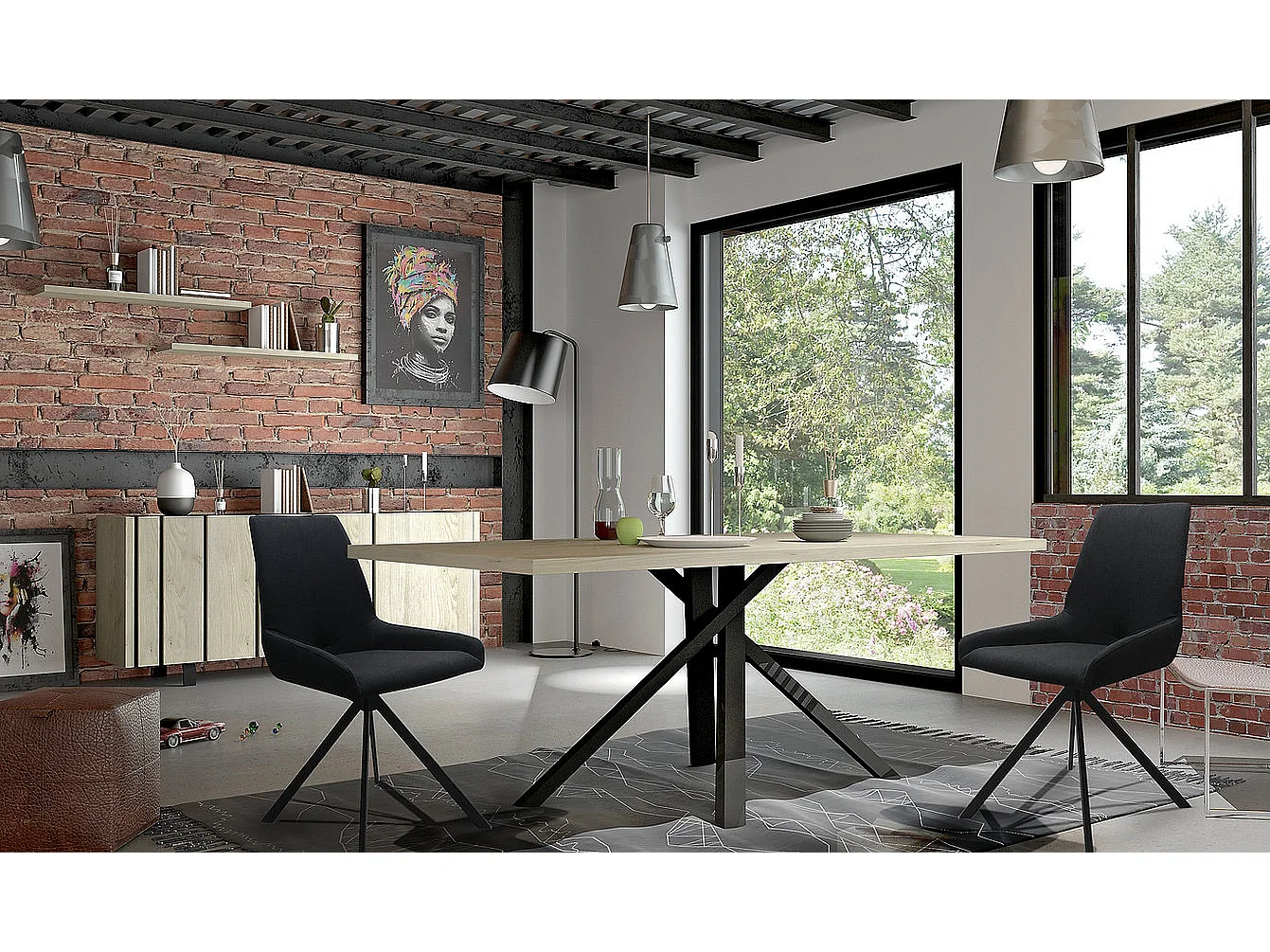 Chaise style industriel en tissu et pieds en bois massif noir Ross - Lot de 2