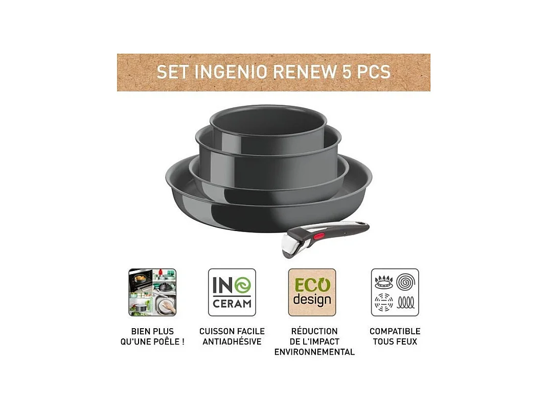 Tefal Ingenio Lot de 5 p, Poeles + Casseroles + Poignée, Induction, Revetement céramique antiadhésif, Fabriquée en France L2