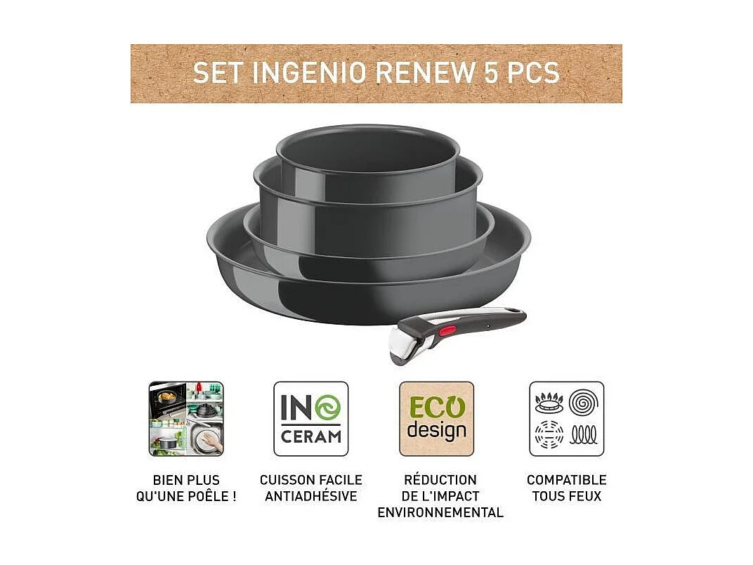 Tefal Ingenio Lot de 5 p, Poeles + Casseroles + Poignée, Induction, Revetement céramique antiadhésif, Fabriquée en France L2
