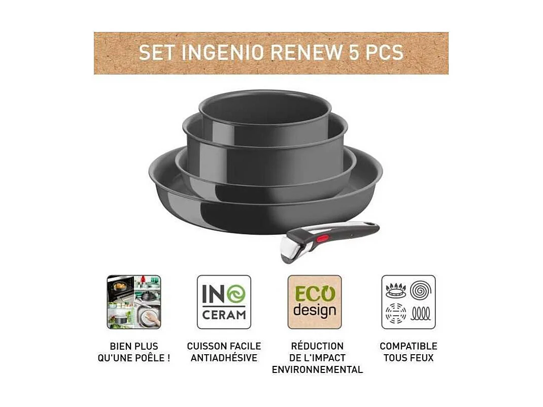 Tefal Ingenio Lot de 5 p, Poeles + Casseroles + Poignée, Induction, Revetement céramique antiadhésif, Fabriquée en France L2