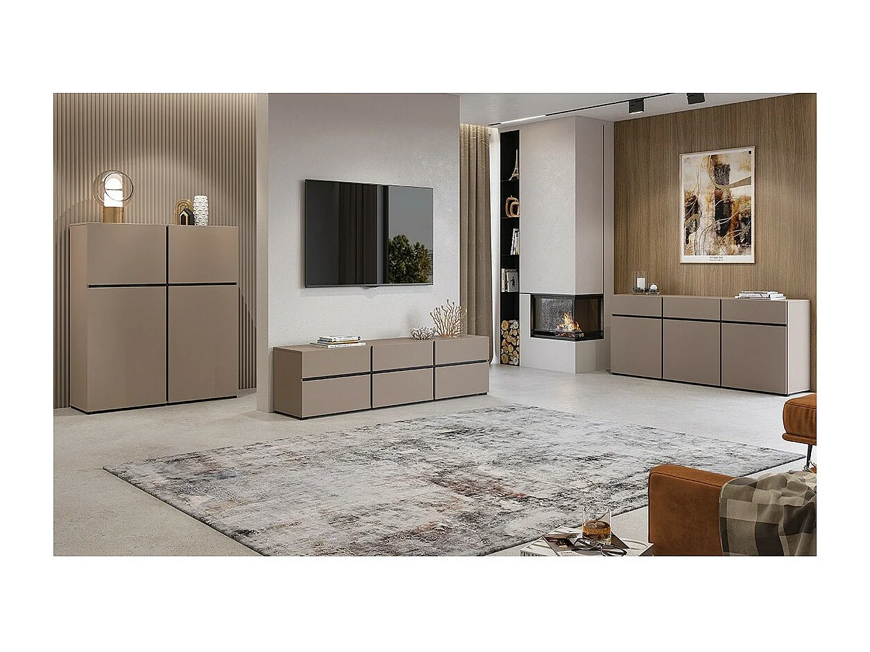 Buffet coloris beige et noir 180cm collection HAVANA. Bahut  design avec 3 portes et 3 tiroirs.