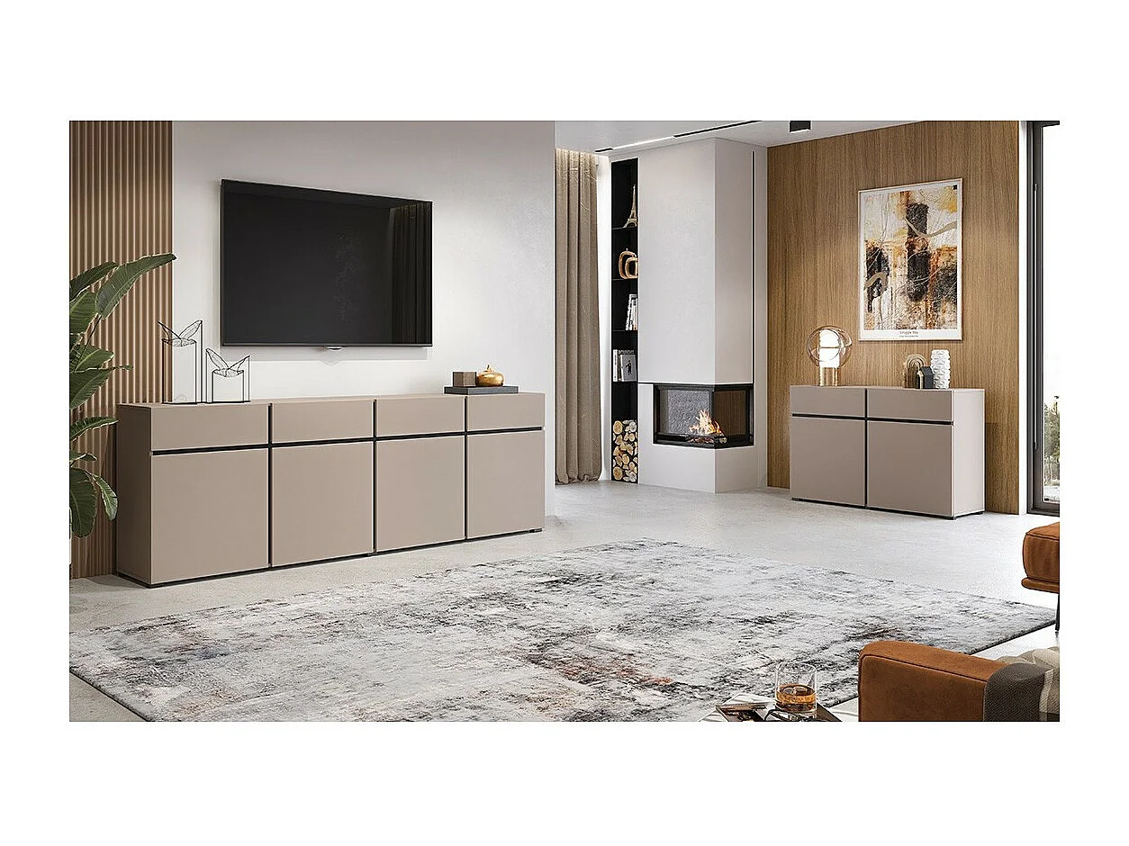 Buffet 120cm coloris beige et noir collection HAVANA. Bahut  design avec 2 portes et 2 tiroirs.