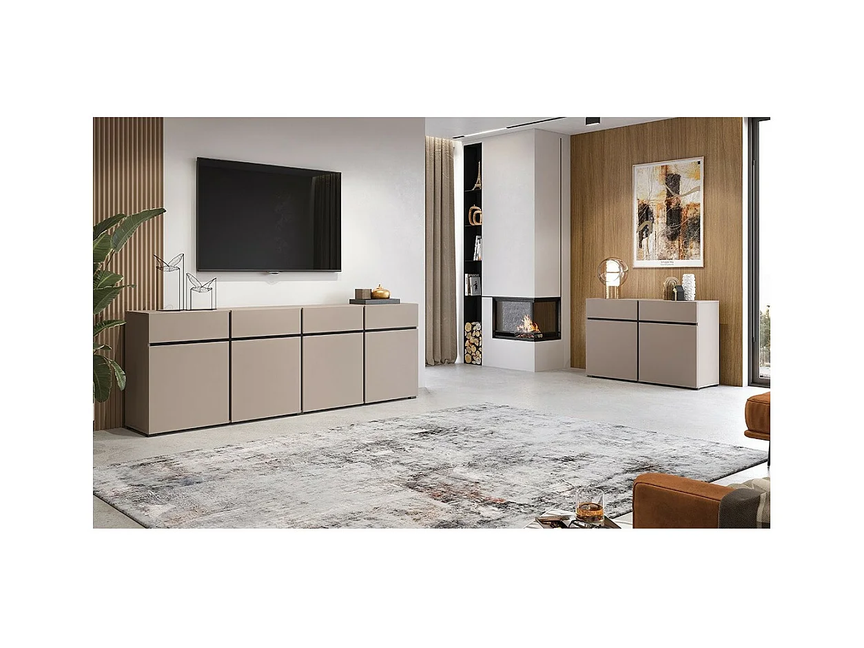 Buffet 120cm kleur beige en zwart collectie HAVANA. Design dressoir met 2 deuren en 2 laden.