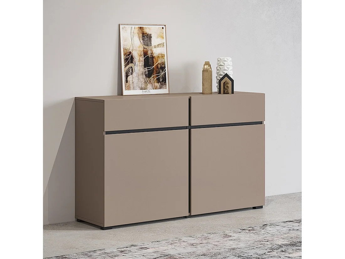 Buffet 120cm coloris beige et noir collection HAVANA. Bahut  design avec 2 portes et 2 tiroirs.