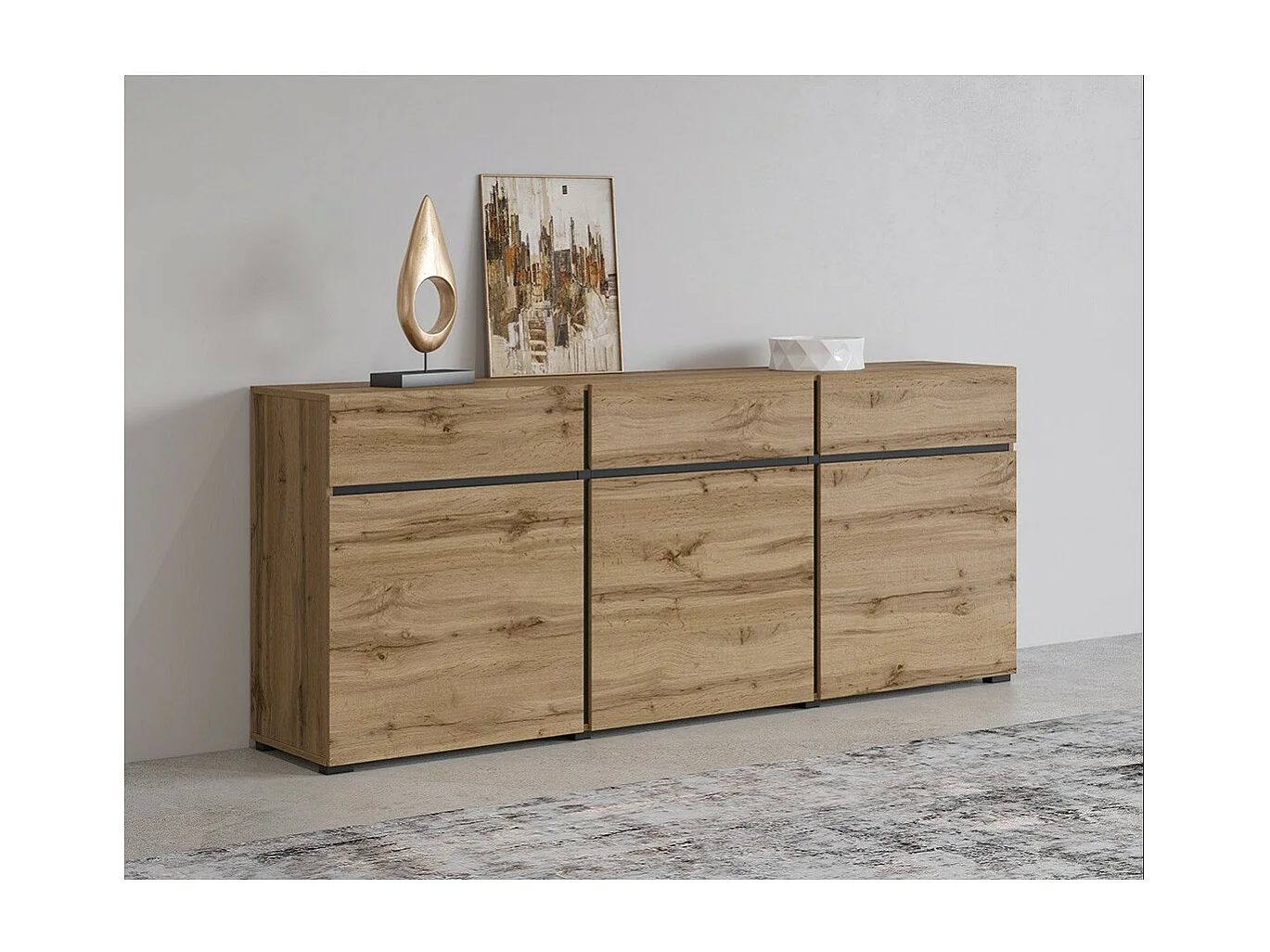 Buffet Eichenfarbe und Schwarz 180cm Kollektion HAVANA. Sideboard Design mit 3 Türen und 3 Schubladen.