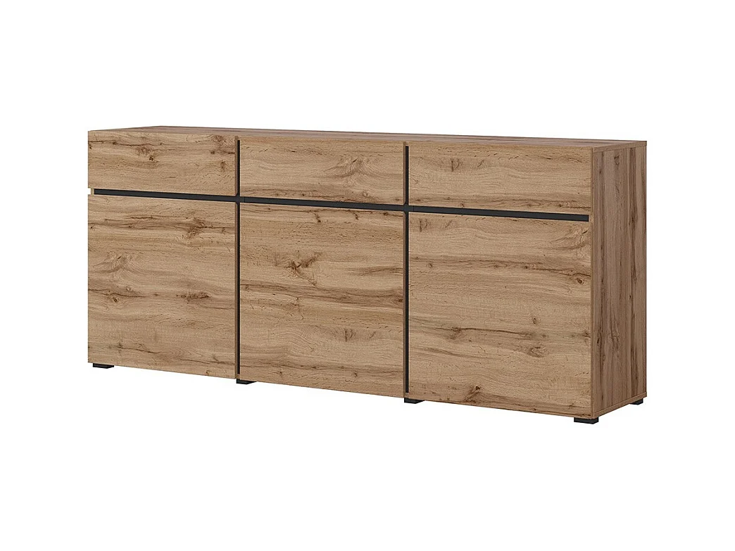 Buffet in eiken en zwart kleur 180cm collectie HAVANA. Design dressoir met 3 deuren en 3 laden.