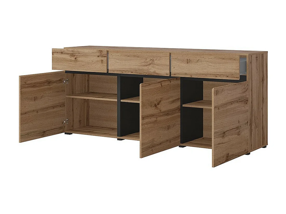 Buffet color roble y negro 180cm colección HAVANA. Aparador de diseño con 3 puertas y 3 cajones.
