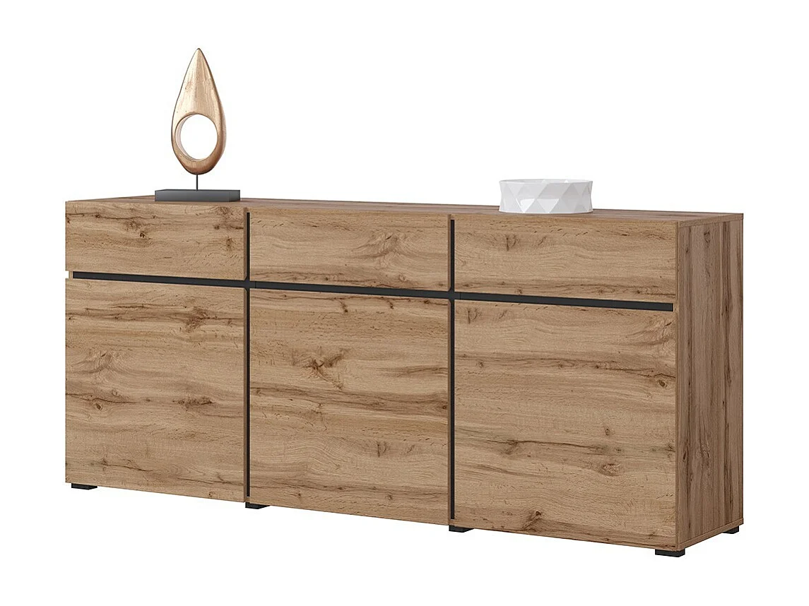 Buffet color roble y negro 180cm colección HAVANA. Aparador de diseño con 3 puertas y 3 cajones.
