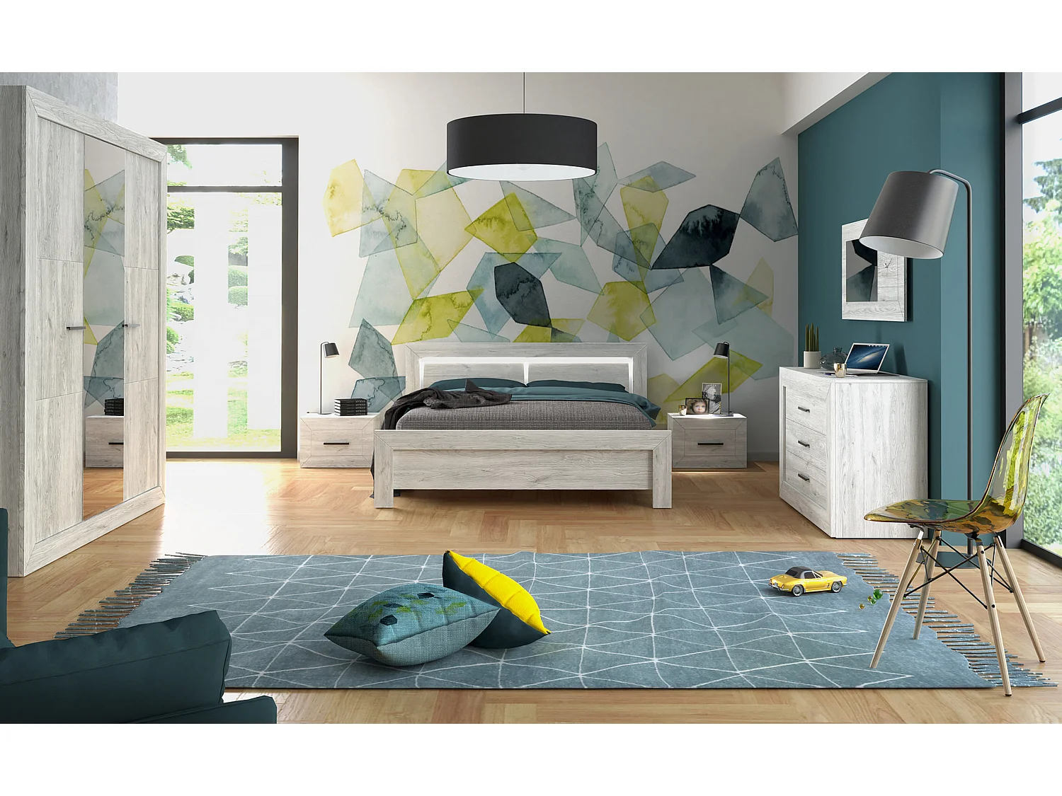 Armoire 3 portes bois de chêne gris Maeva 200cm