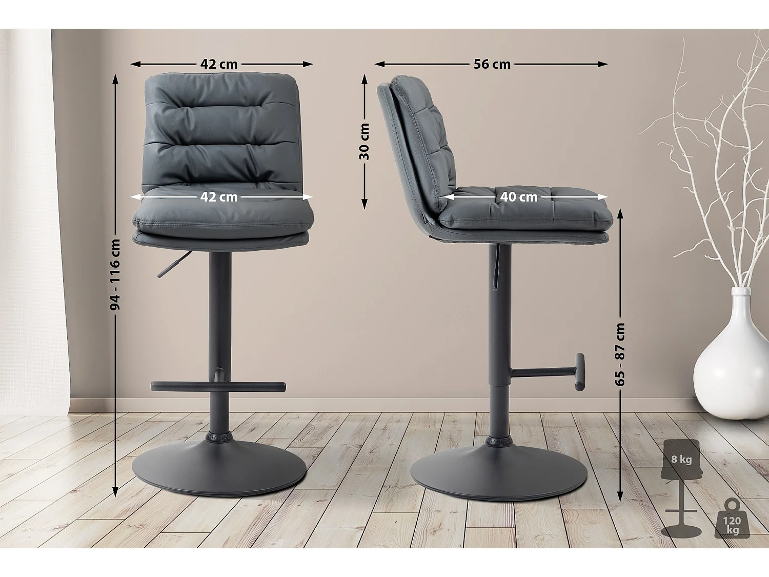 Lot de 2  Tabouret de bar - Similicuir & Noir - Gris - Damar